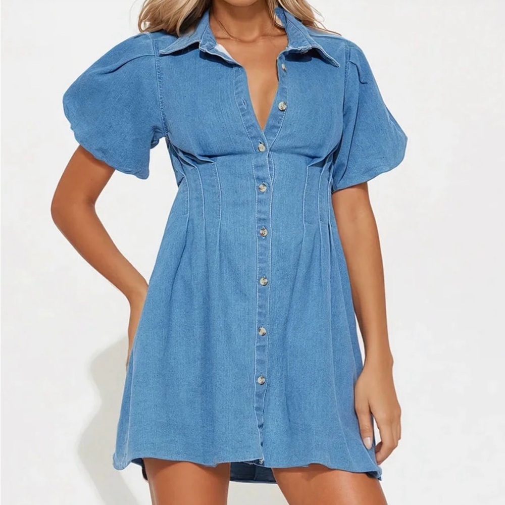 Fashion Nova Light Blue Denim Button-Down Mini Dress
